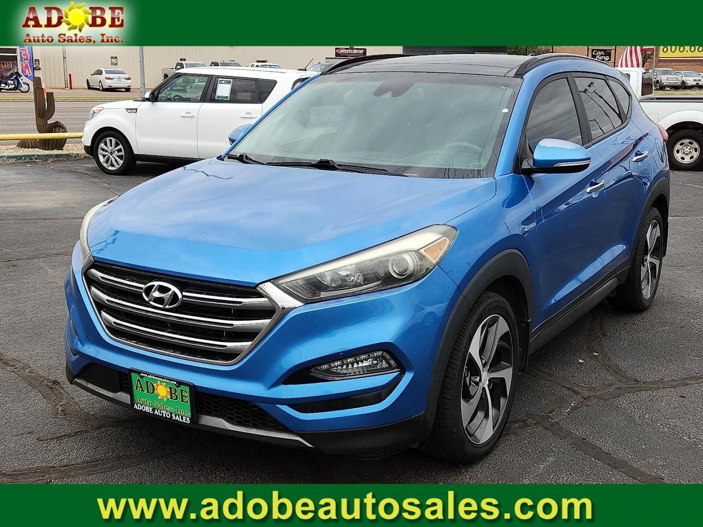 2016 BLUE Hyundai Tucson Limited (KM8J33A21GU) with an 1.6L I-4 gasoline direct injection, DOHC, variable valve control, intercooled turbo, regular unleaded, engine with 175HP engine, located at 4711 Ave Q, Lubbock, TX, 79412, (806) 687-2362, 33.551304, -101.855293 - Photo#0