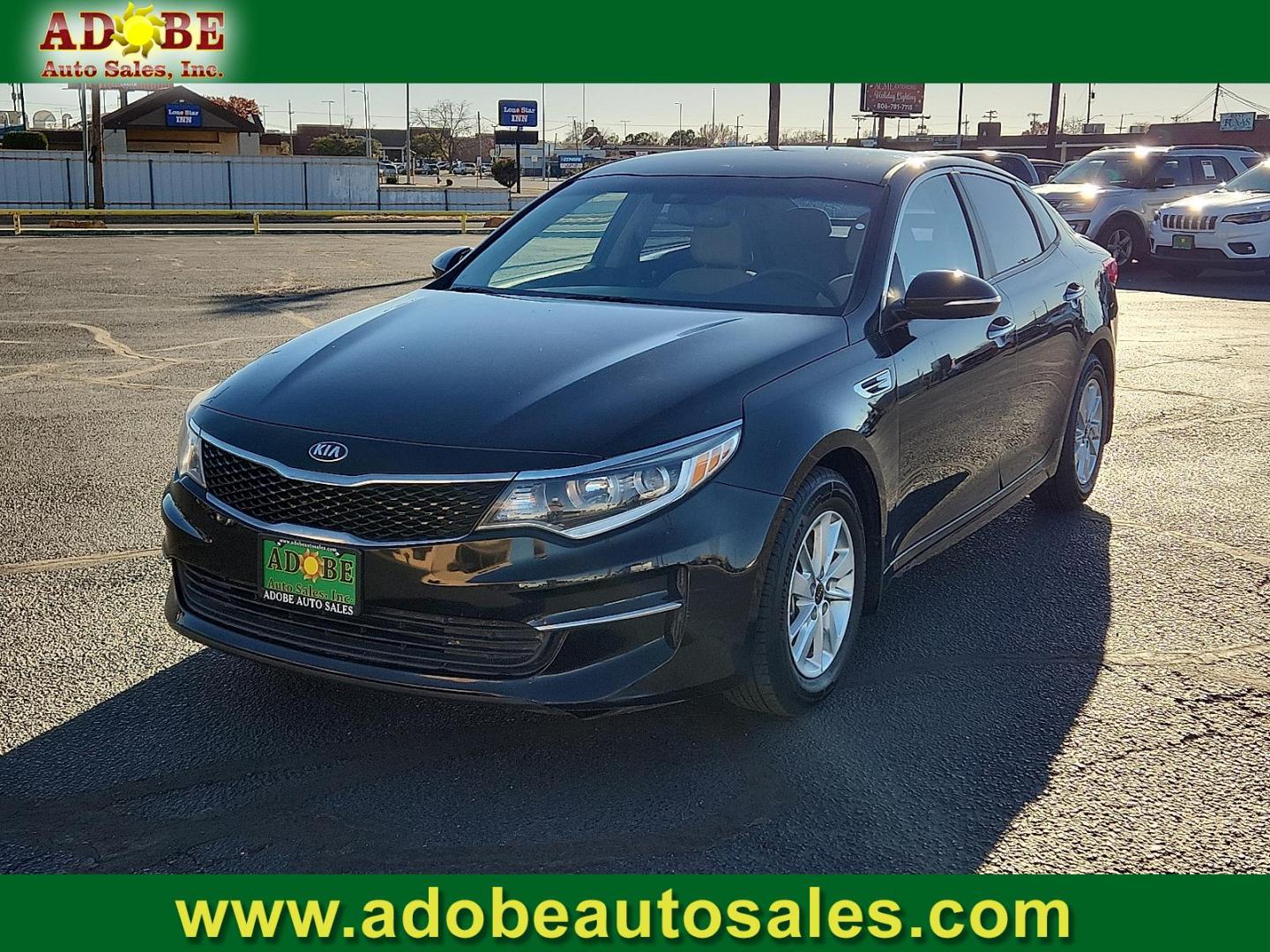 2016 BLACK Kia Optima LX (5XXGT4L35GG) with an Theta II 2.4L I-4 gasoline direct injection, DOHC, CVVT variable valve control, regular unleaded, engine with 185HP engine, located at 4711 Ave Q, Lubbock, TX, 79412, (806) 687-2362, 33.551304, -101.855293 - Photo#0
