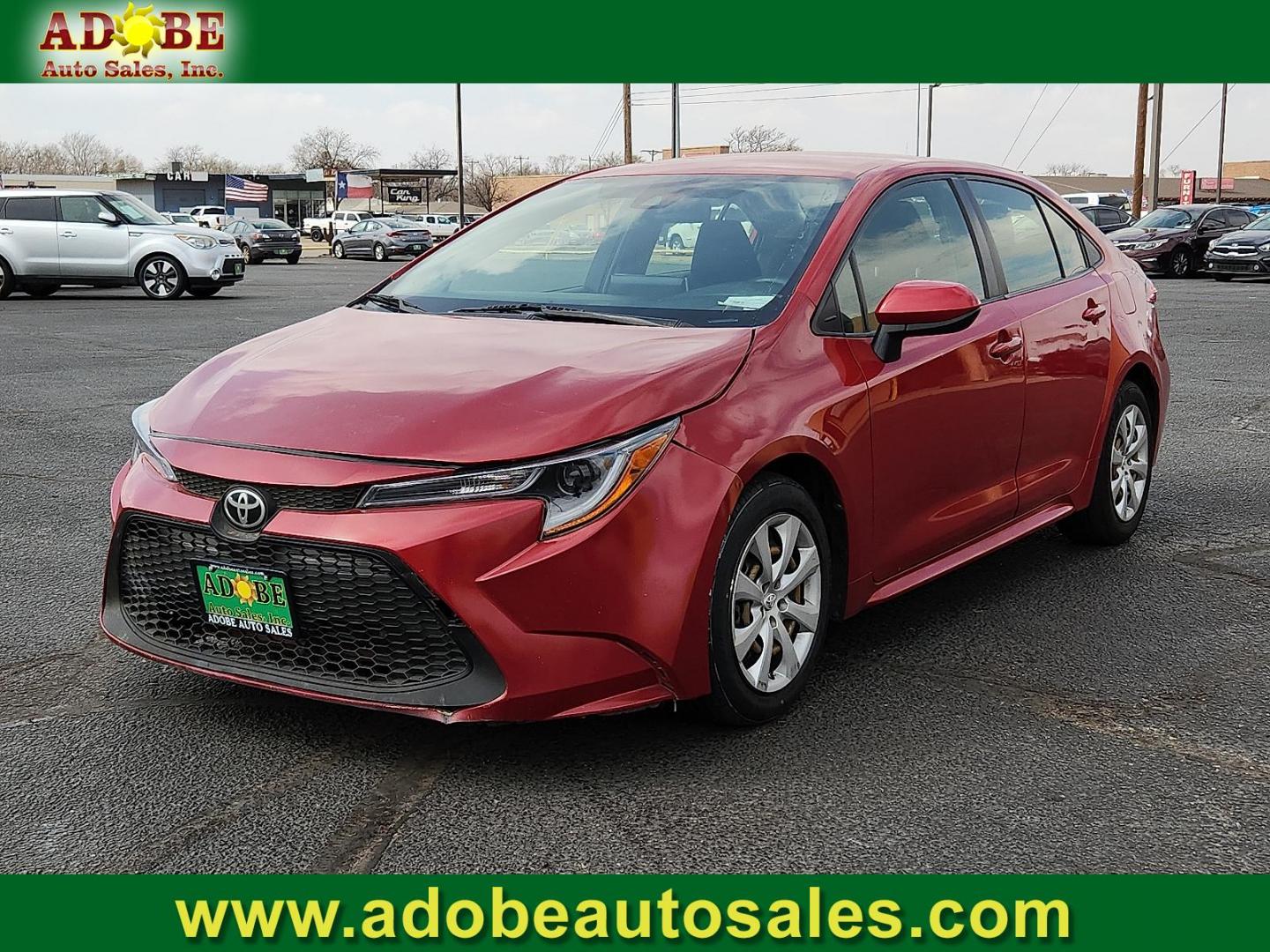 2021 RED /Grey Toyota Corolla LE (JTDEPMAE8MJ) with an 1.8L I-4 DOHC, VVT-i variable valve control, regular unleaded, engine with 139HP engine, located at 4711 Ave Q, Lubbock, TX, 79412, (806) 687-2362, 33.551304, -101.855293 - Photo#0