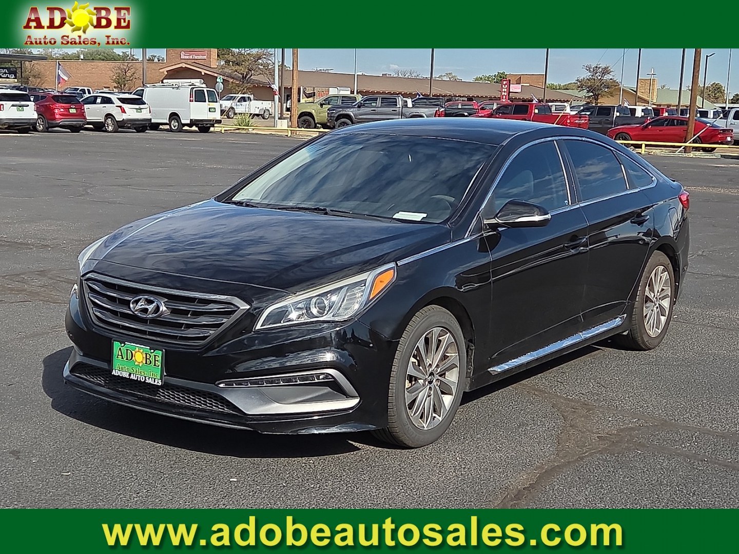 2015 Phantom Black - S3 /Gray - GG Hyundai Sonata Sport (5NPE34AFXFH) with an 2.4L I-4 gasoline direct injection, DOHC, variable valve control, regular unleaded, engine with 185HP engine, located at 4711 Ave Q, Lubbock, TX, 79412, (806) 687-2362, 33.551304, -101.855293- Photo#0